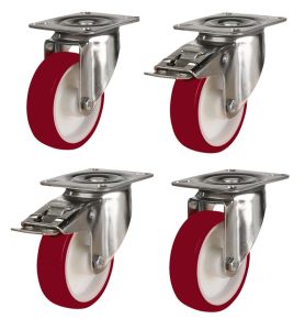 200mm Stainless Steel Swivel & Braked Castors with Non-Marking Maroon Polyurethane/Nylon Wheel Set of 4 (1200Kg per Set)
