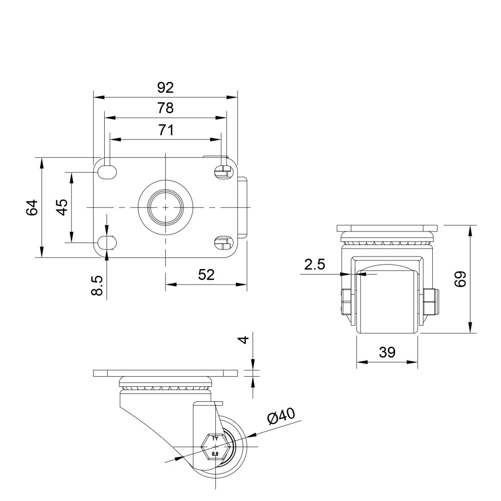 Ultra Heavy Duty 40mm Swivel Nylon Plate Fit 200Kg (LOW LEVEL)