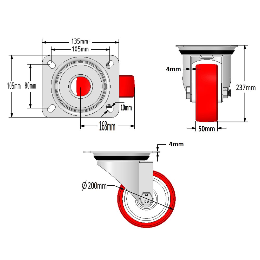 200mm Red Polyurethane Castors (Set of 4)