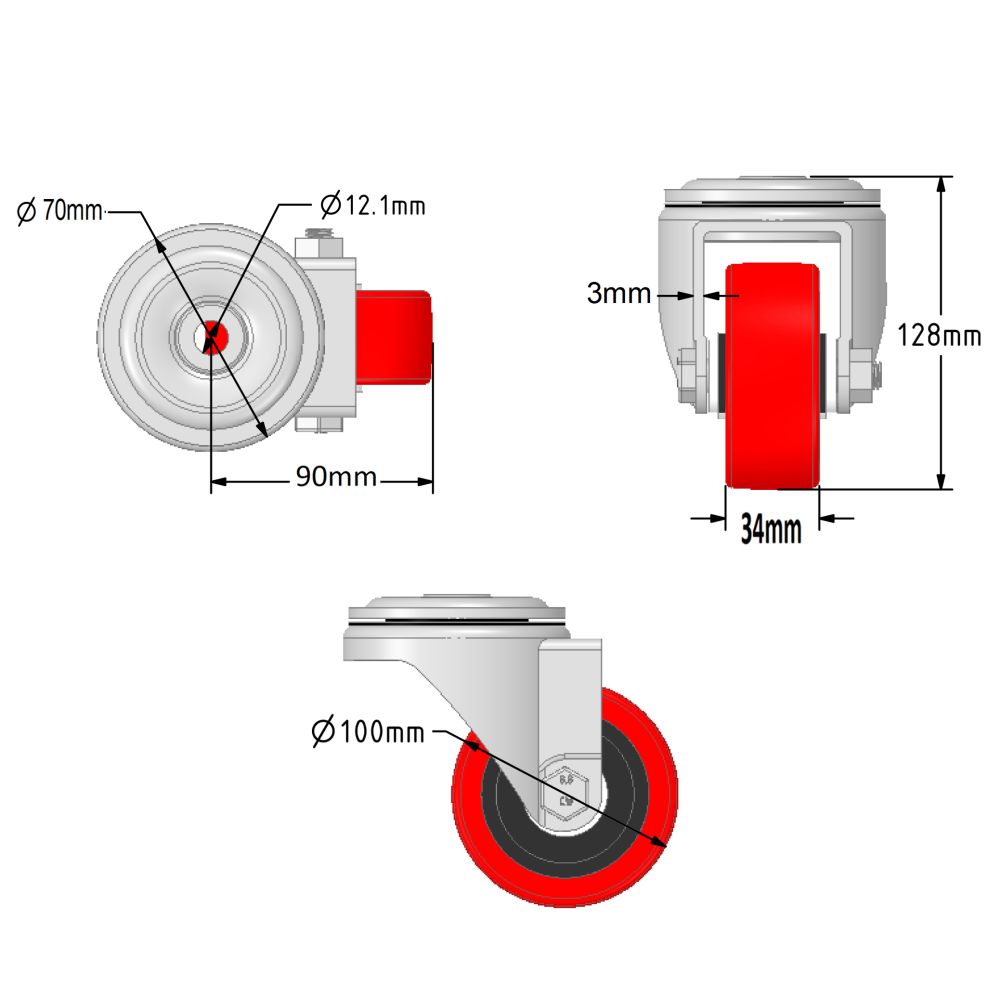 100mm Red Polyurethane Single Bolt Hole Fitting Castors (Set of 4)