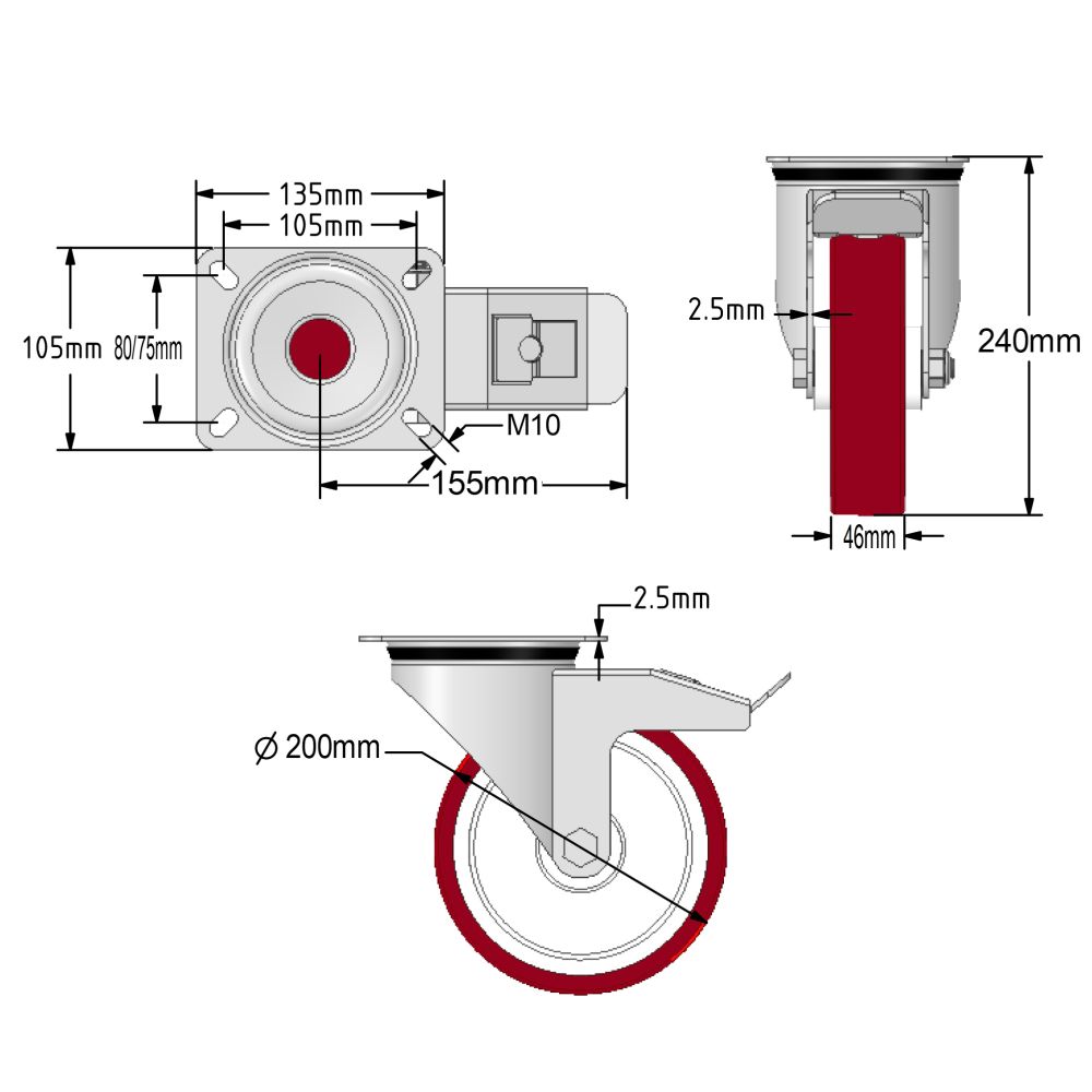 200mm Stainless Steel Swivel & Braked Castors with Non-Marking Maroon Polyurethane/Nylon Wheel Set of 4 (1200Kg per Set)