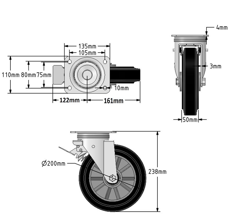 200mm Rubber Tyre/Steel Centre Wheel Diameter Bin Castor (SET OF 4)