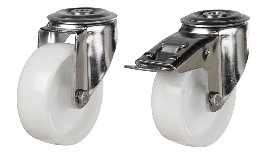 125mm Stainless Steel Swivel & Braked Castor with White Nylon Wheel Single Bolt Hole Fitting