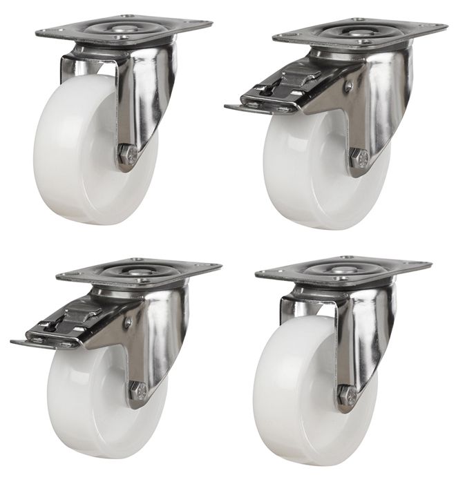 160mm Stainless Steel Swivel & Braked Castors with White Nylon Wheel Set of 4 (1050Kg per Set)