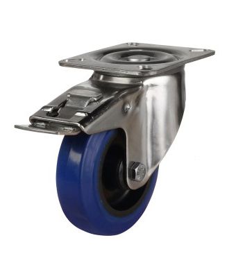 125mm Stainless Steel Swivel, Fixed & Braked Castor with Blue Elastic Rubber/Nylon Wheel