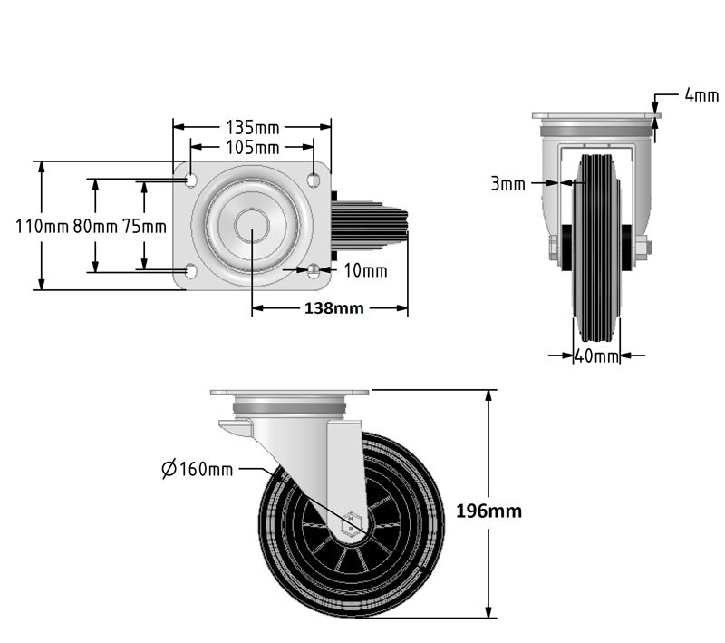 160mm Rubber Tyre/Steel Centre Wheel Diameter Bin Castor (SET OF 4)