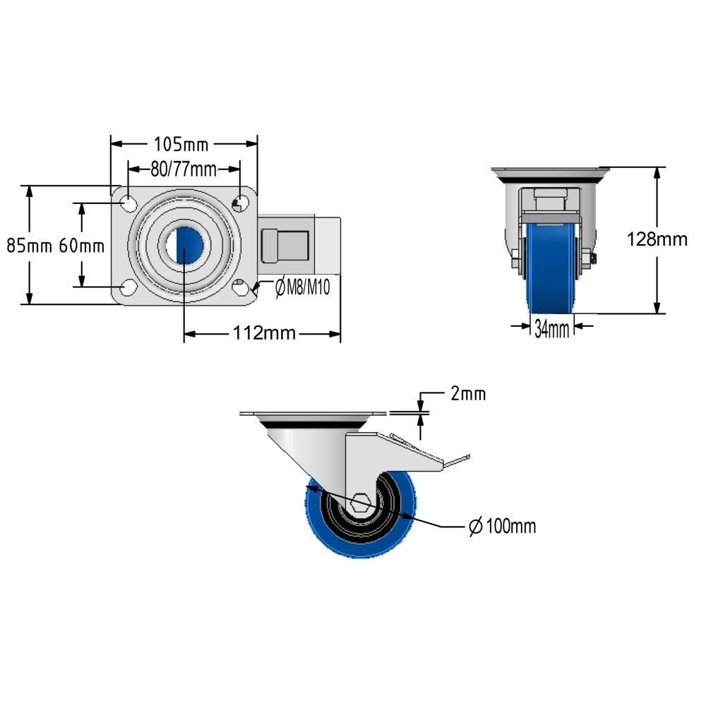 100mm Stainless Steel Swivel & Braked Castors with Non-Marking Blue Elastic Rubber/Nylon Wheel Set of 4 (480Kg per Set)