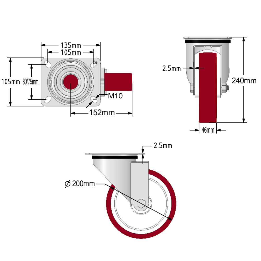200mm Stainless Steel Swivel & Braked Castors with Non-Marking Maroon Polyurethane/Nylon Wheel Set of 4 (1200Kg per Set)