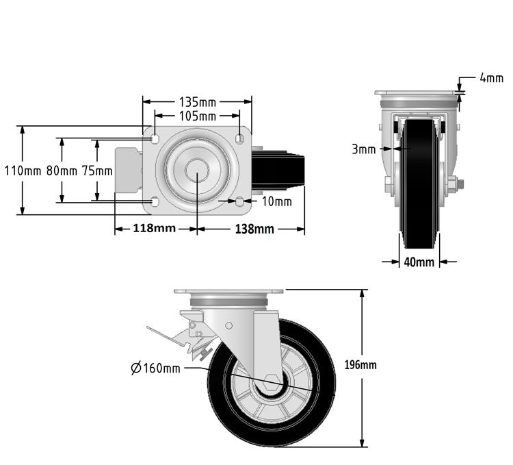 160mm Rubber Tyre/Plastic Centre Wheel Diameter Bin Castor (SET OF 4)