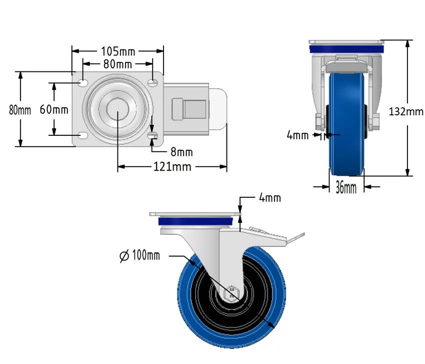 100mm Blue Elastic Rubber Castors (Set of 4)