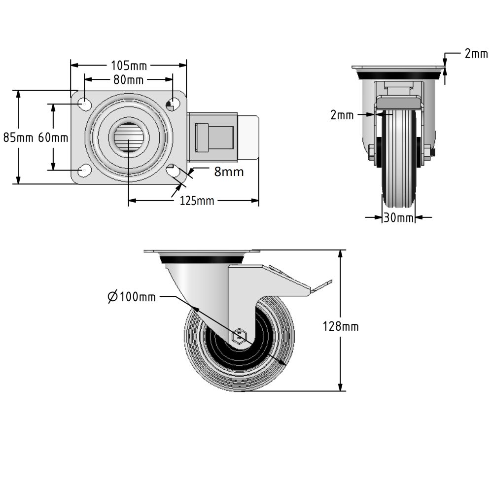 100mm Grey Non-Marking Rubber Castors (Set of 4)