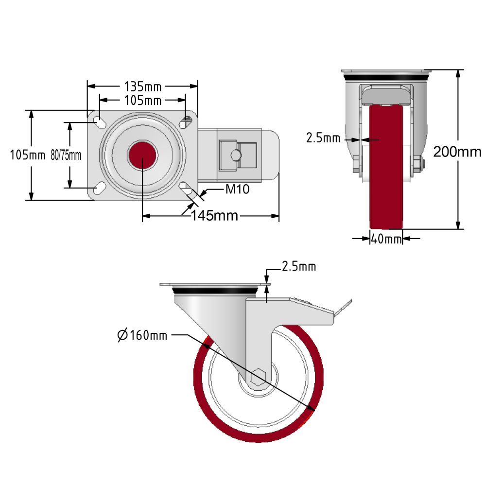 160mm Stainless Steel Swivel & Braked Castors with Non-Marking Maroon Polyurethane/Nylon Wheel Set of 4 (1050Kg per Set)