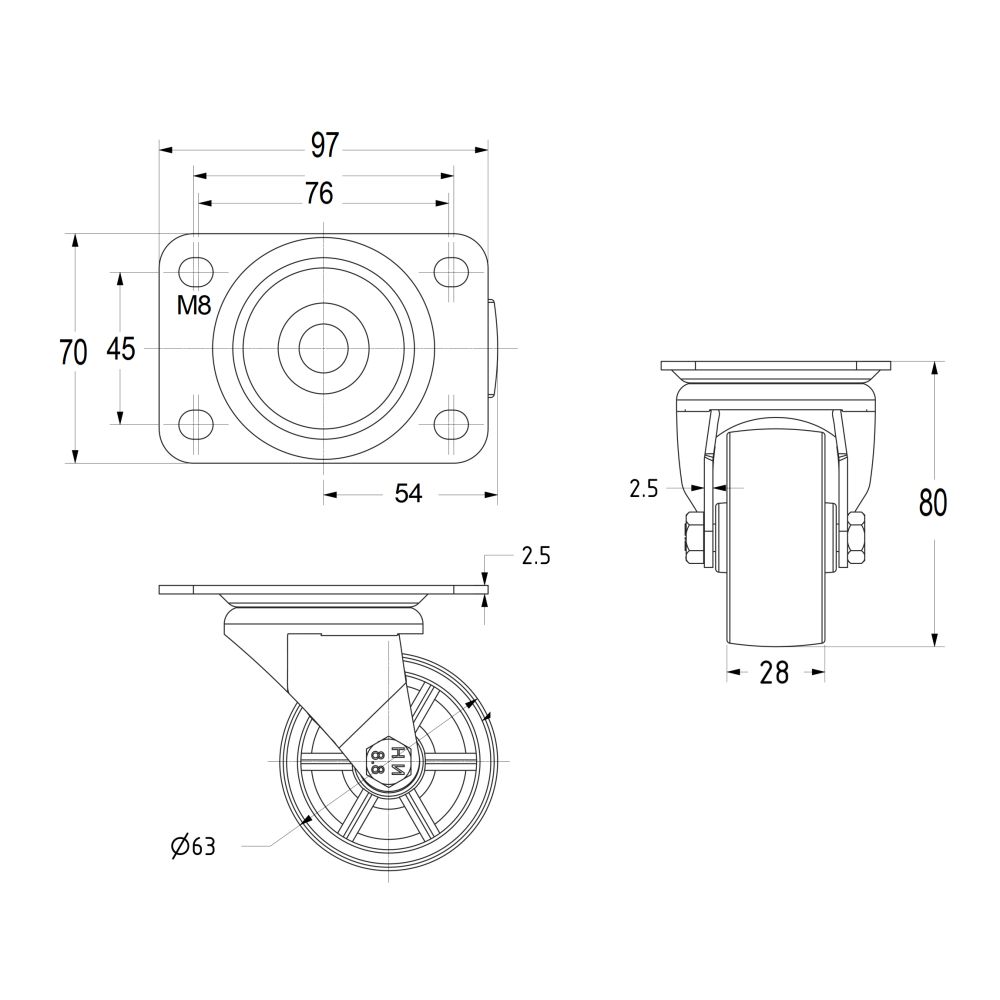 63mm Nylon Plate Swivel Castor - 120Kg (Low Level)