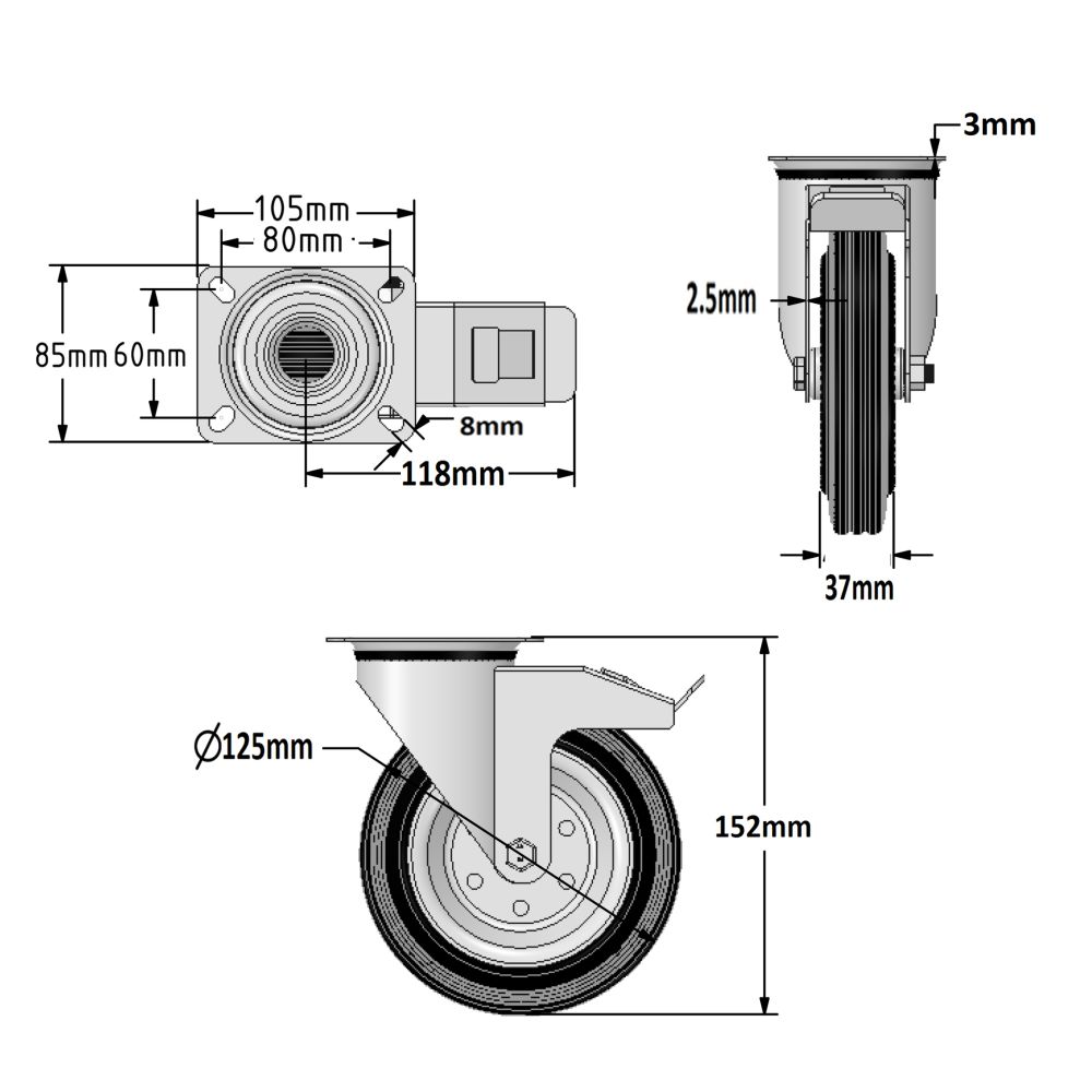 125mm Diameter Wheel (Steel Centre)