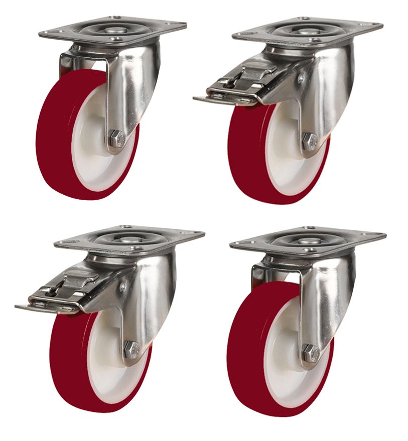 200mm Stainless Steel Swivel & Braked Castors with Non-Marking Maroon Polyurethane/Nylon Wheel Set of 4 (1200Kg per Set)