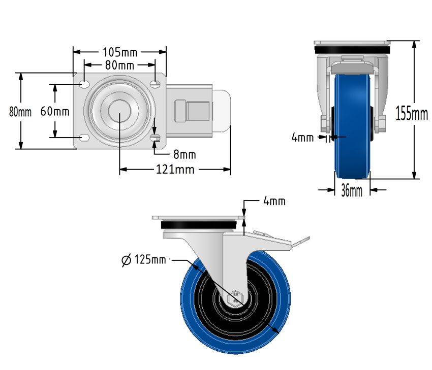 125mm Blue Elastic Rubber Castors (Set of 4)