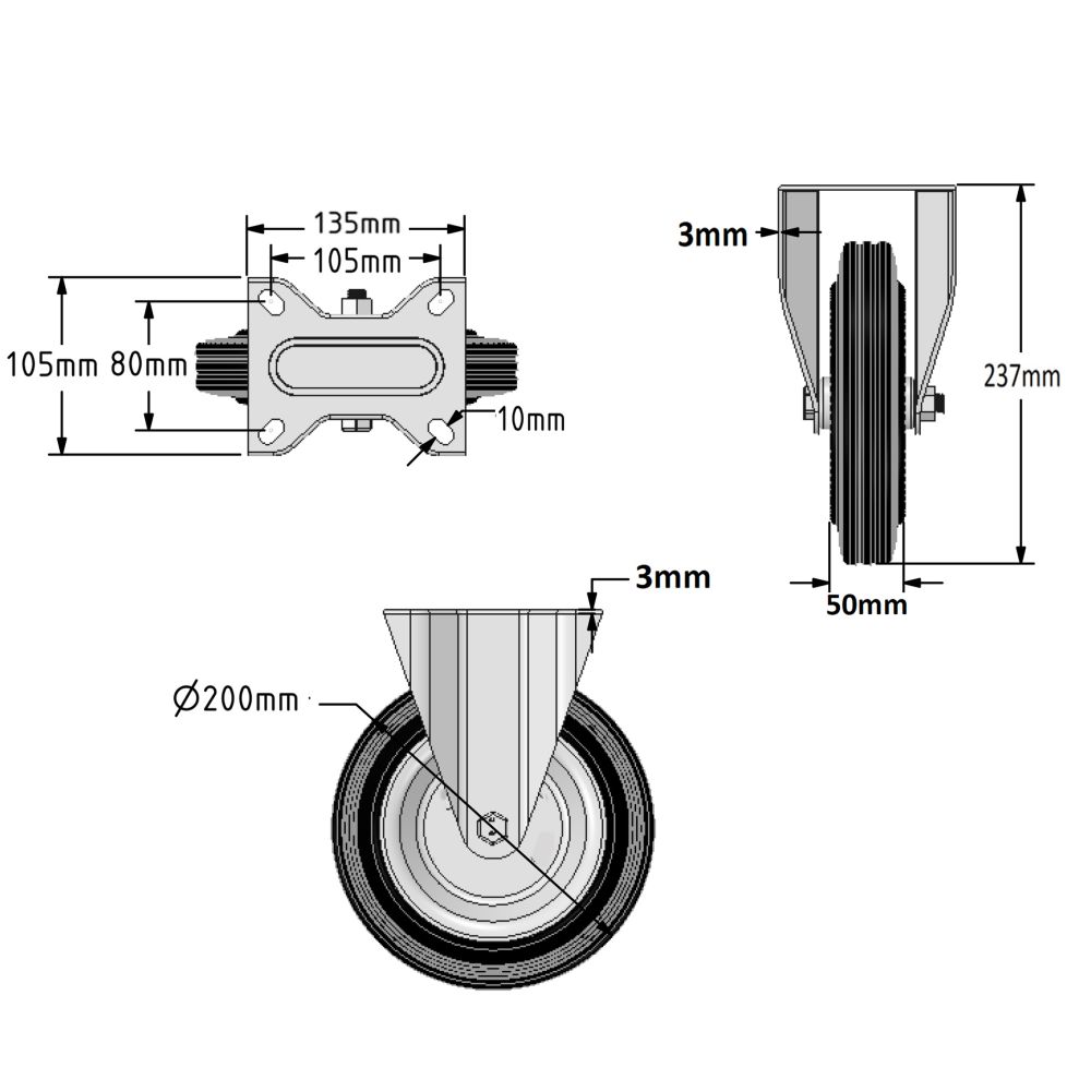 Puncture Proof Pneumatic Equivalent Castor 200mm Fixed Steel Centred