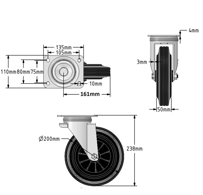 200mm Rubber Tyre/Steel Centre Wheel Diameter Bin Castor (SET OF 4)