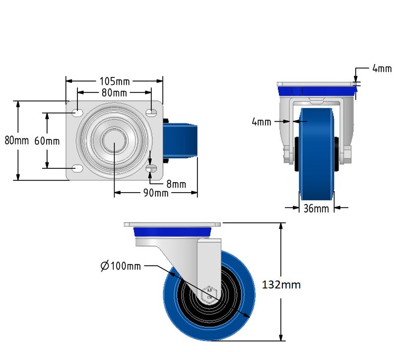 100mm Blue Elastic Rubber Castors (Set of 4)