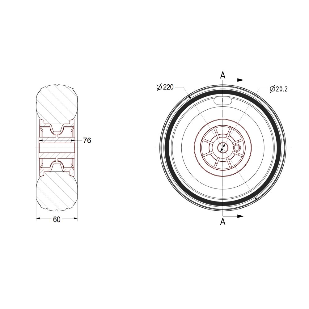 220mm (20mm Bore) PLASTIC CENTRE PUNCTURE PROOF WHEEL (2.80/2.50-4)