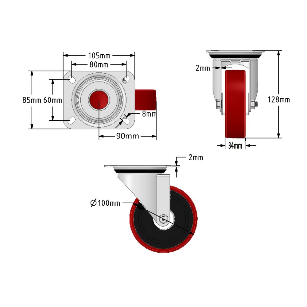 100mm Red Polyurethane Castors (Set of 4)