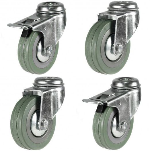 100mm Grey Non-Marking Rubber Economy Single Bolt Hole Fitting Castors (Set of 4)