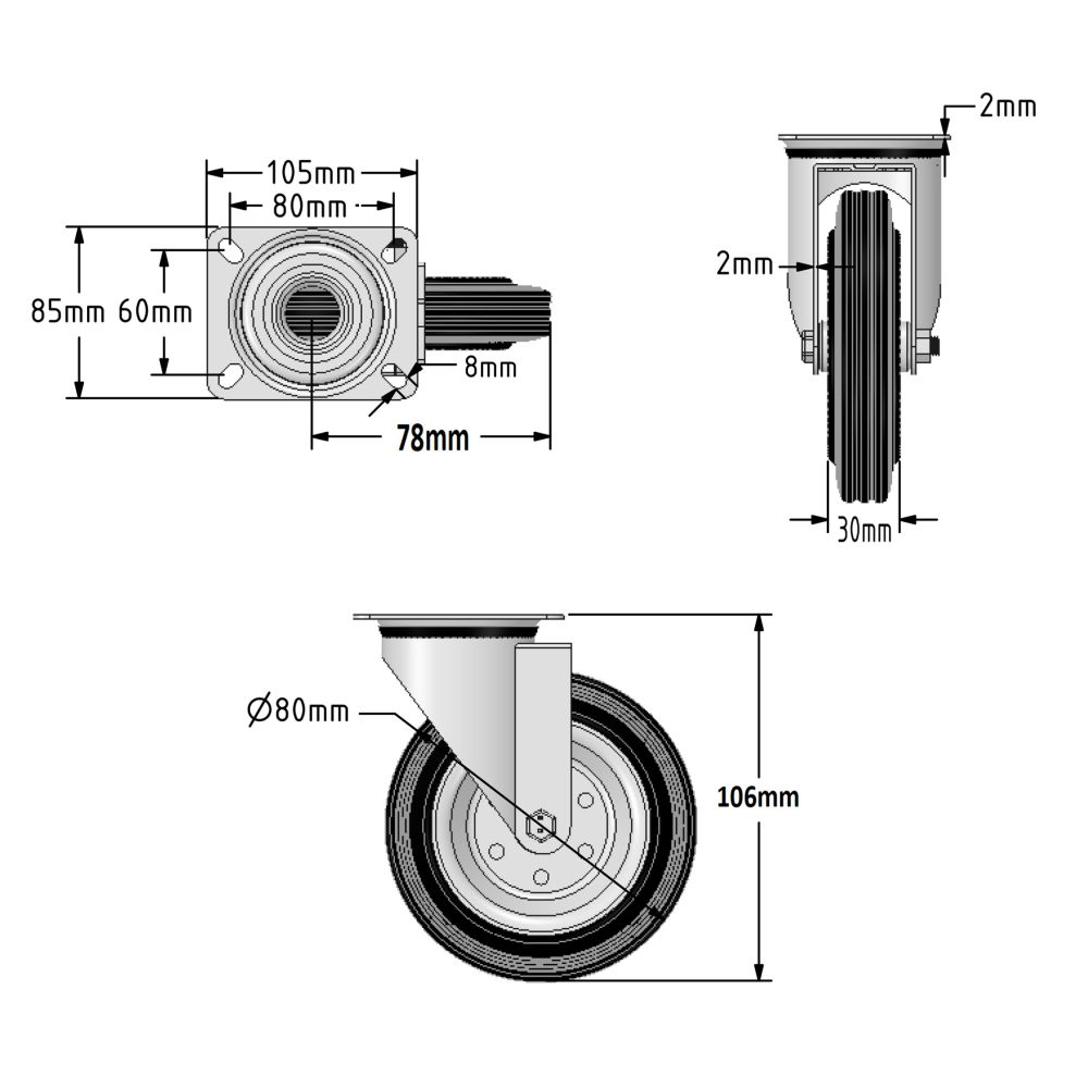 80mm Wheel Diameter (Steel Centre)