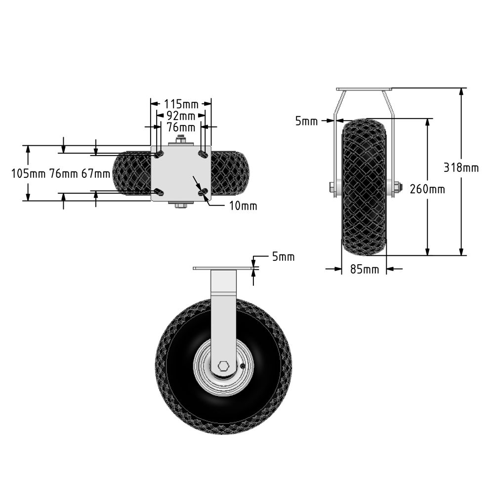 Premium Puncture Proof Ball Bearing Pneumatic Equivalent Castor 260mm Fixed Metal Centred