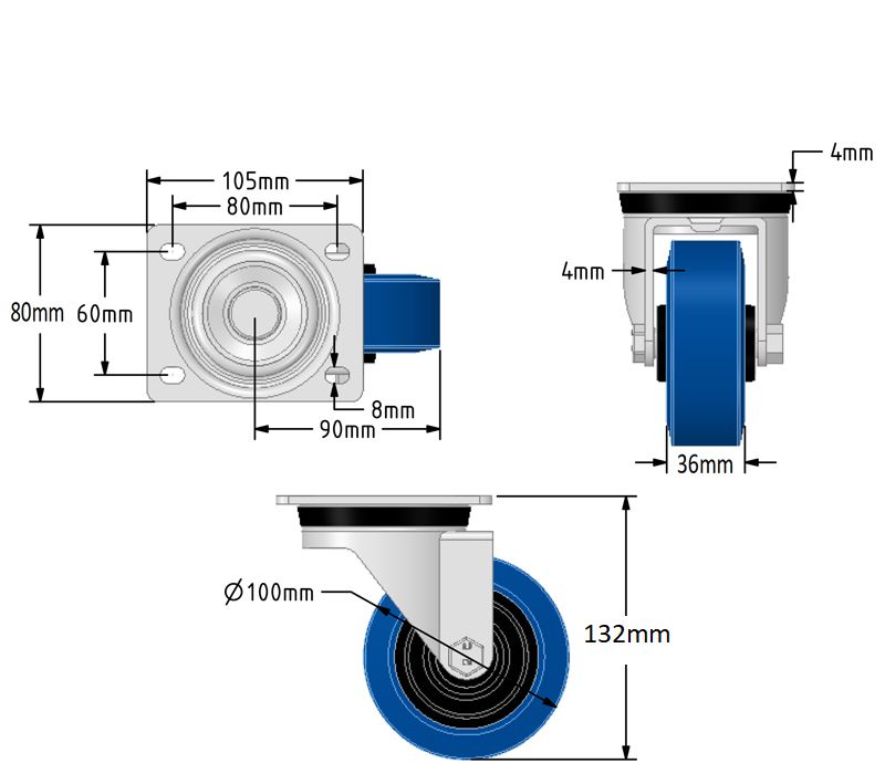 100mm Blue Elastic Rubber Castors (Set of 4)