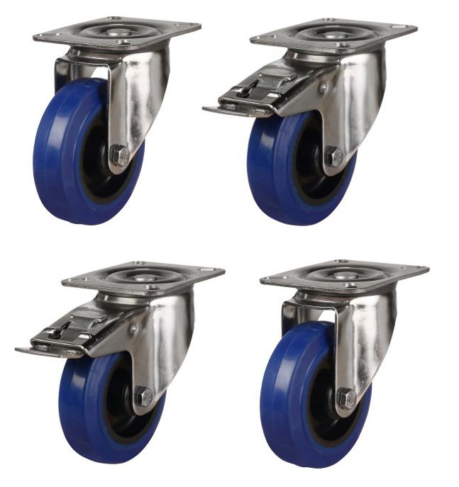 100mm Stainless Steel Swivel & Braked Castors with Non-Marking Blue Elastic Rubber/Nylon Wheel Set of 4 (480Kg per Set)