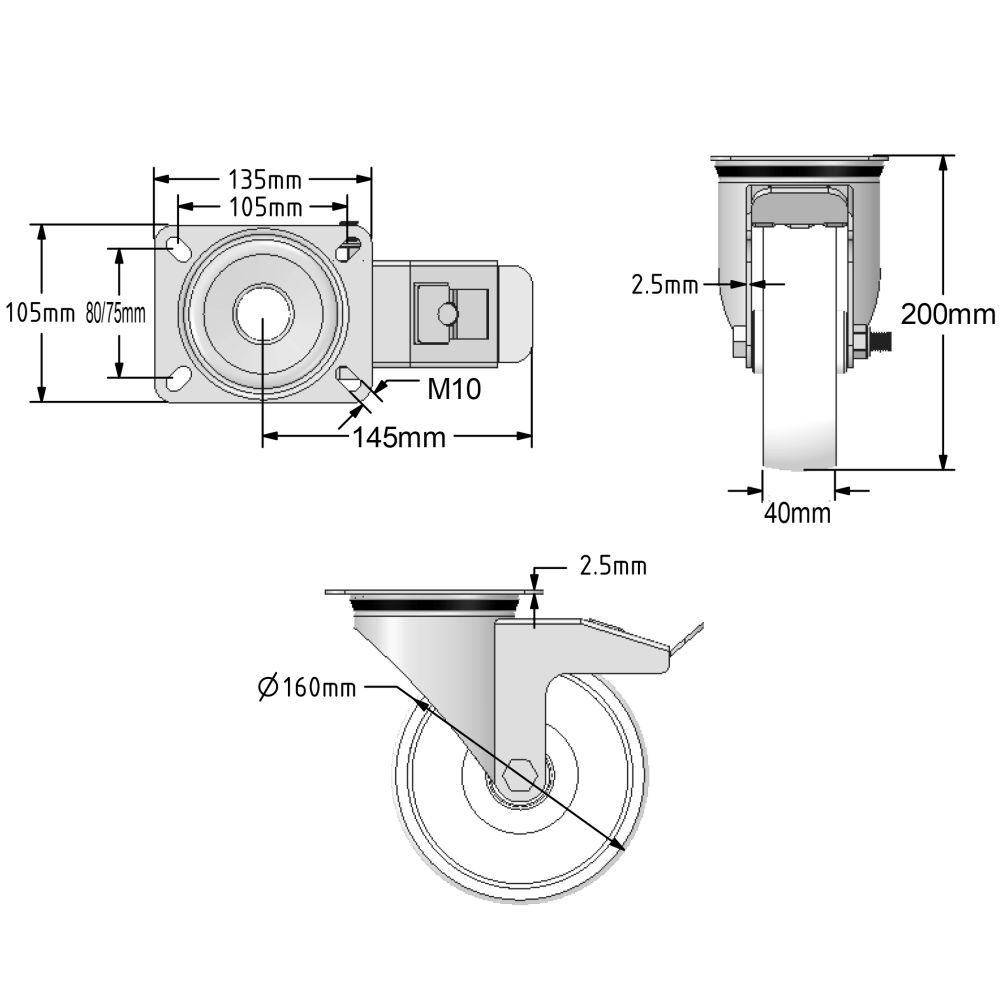 160mm Stainless Steel Swivel & Braked Castors with White Nylon Wheel Set of 4 (1050Kg per Set)