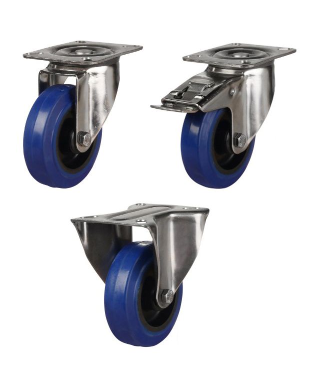 125mm Stainless Steel Swivel, Fixed & Braked Castor with Blue Elastic Rubber/Nylon Wheel