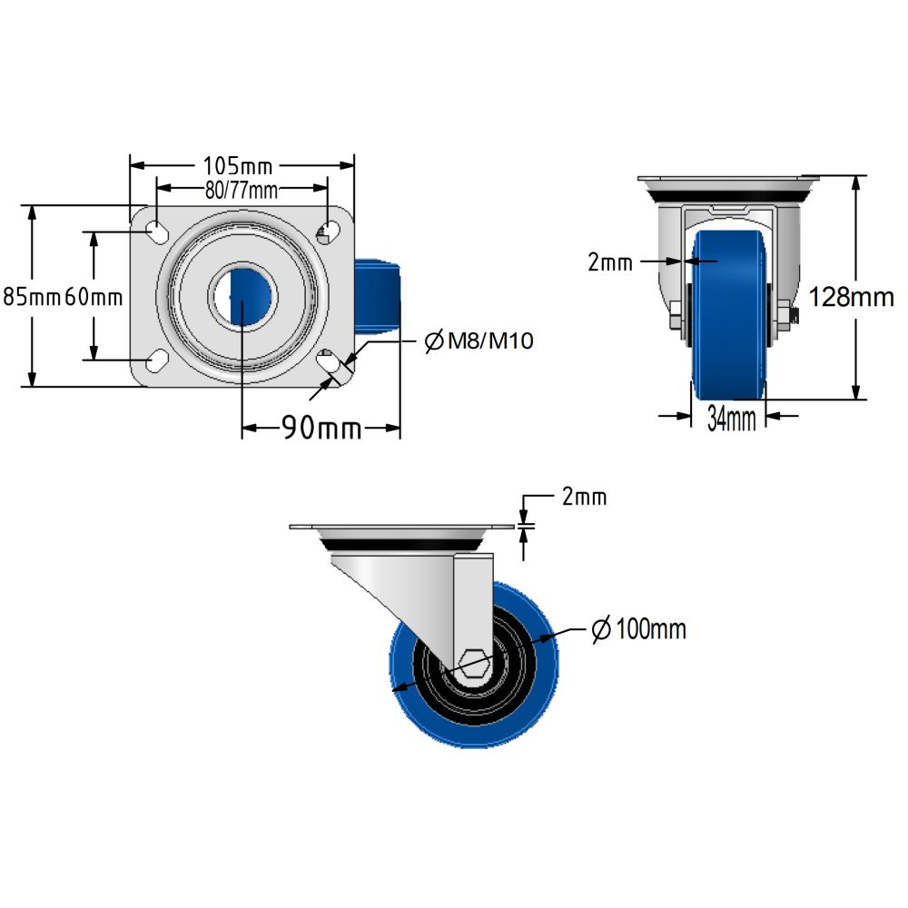 100mm Stainless Steel Swivel & Braked Castors with Non-Marking Blue Elastic Rubber/Nylon Wheel Set of 4 (480Kg per Set)