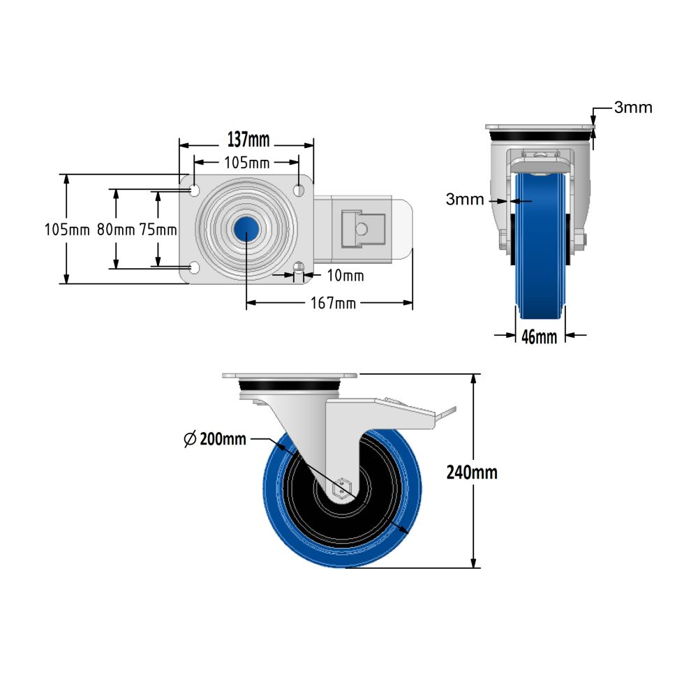 200mm Blue Elastic Rubber Castors (Set of 4)