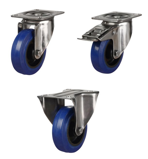 200mm Stainless Steel Swivel, Fixed & Braked Castor with Blue Elastic Rubber/Nylon Wheel
