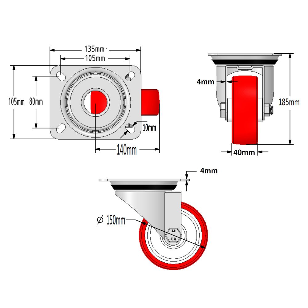 150mm Red Polyurethane Castors (Set of 4)