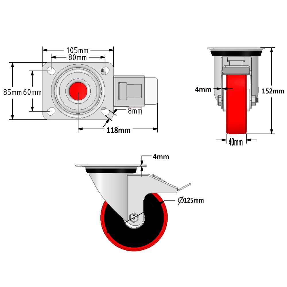 125mm Red Polyurethane Castors (Set of 4)