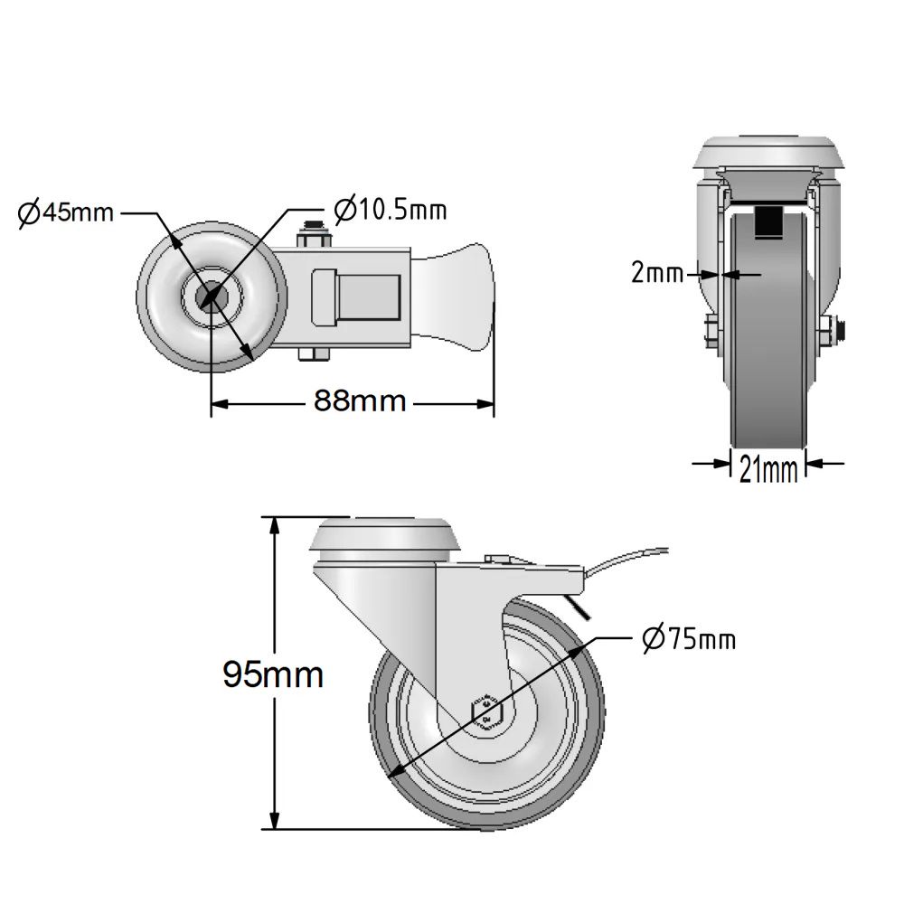 75mm Grey Non-Marking Rubber Economy Single Bolt Hole Fitting Castors (Set of 4)