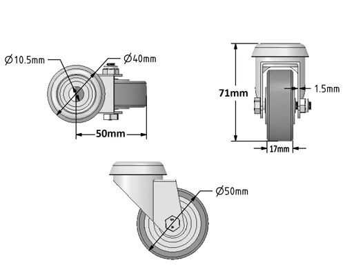 50mm Grey Rubber Non-Marking Economy Single Bolt Hole Fitting Castors (Set of 4)