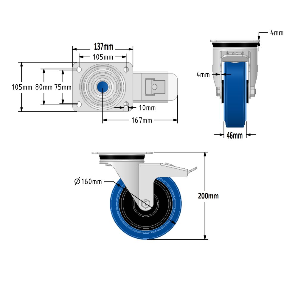 160mm Blue Elastic Rubber Castors (Set of 4)