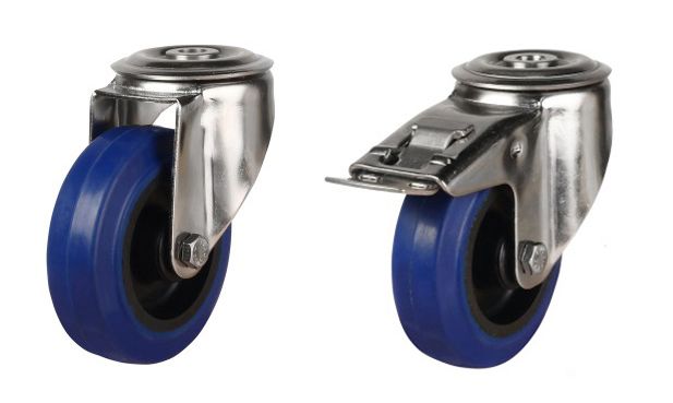 100mm Stainless Steel Swivel & Braked Castor with Blue Elastic Rubber/Nylon Wheel Single Bolt Hole Fitting