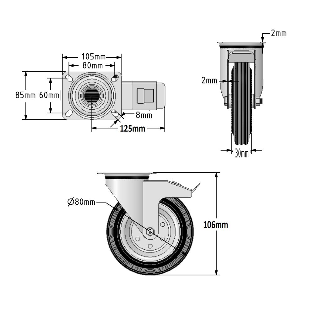 80mm Wheel Diameter (Steel Centre)