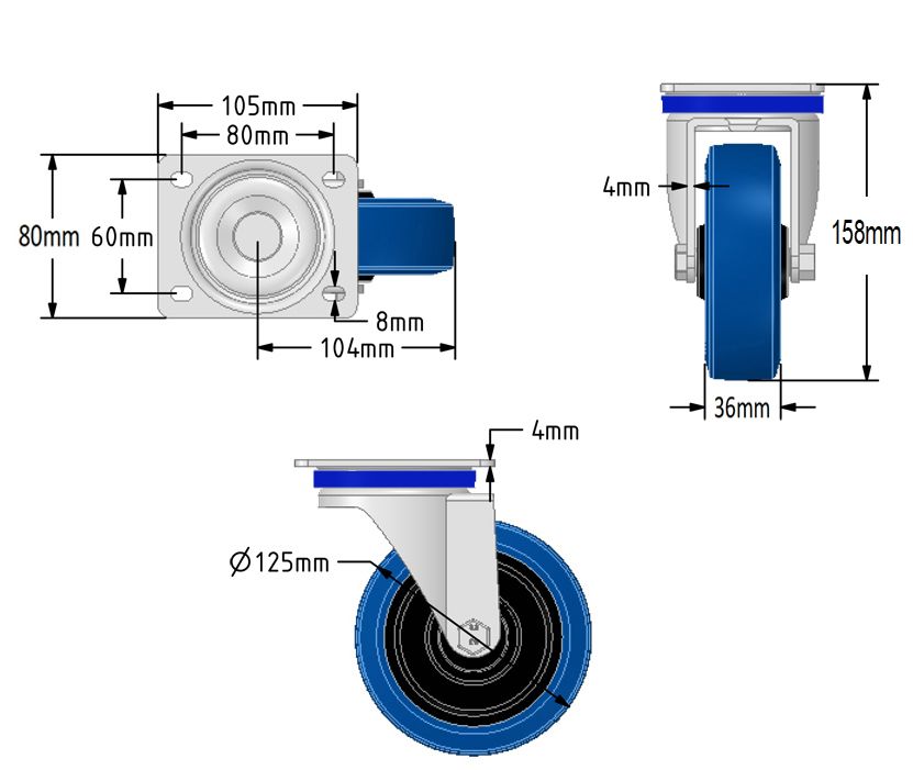 125mm Blue Elastic Rubber Castors (Set of 4)