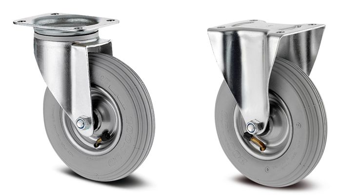 200mm Pneumatic Swivel & Fixed Steel Centred Castors (200x50 TYRE - 4 PLY) 75Kg