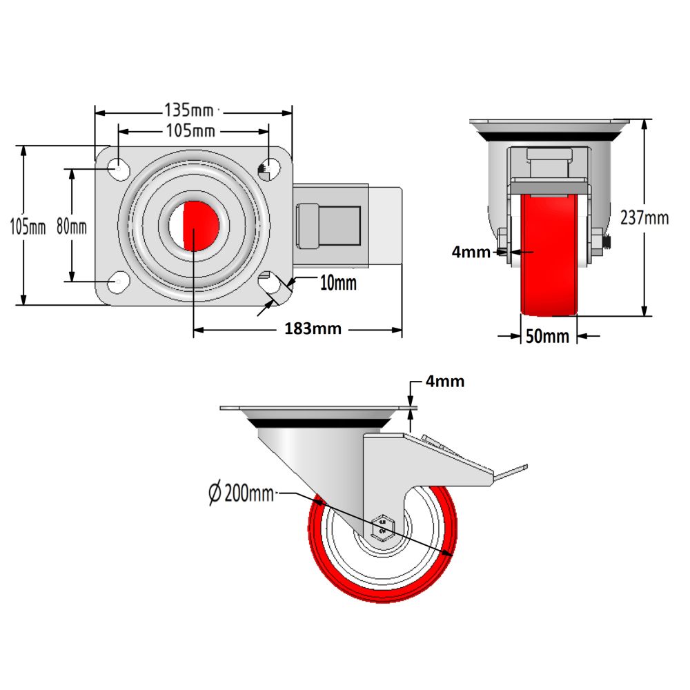 200mm Red Polyurethane Castors (Set of 4)