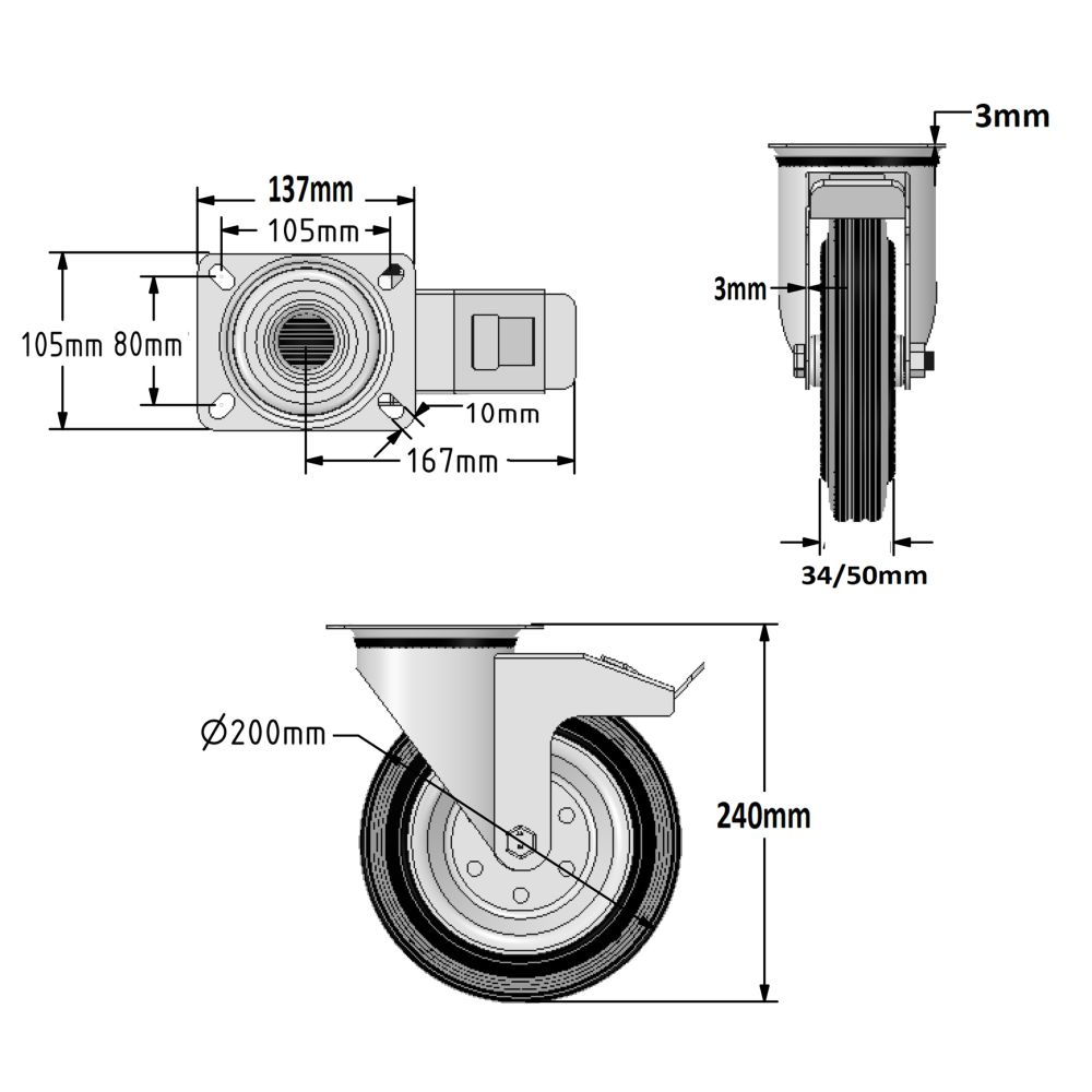 200mm Wheel Diameter (Steel Centre)