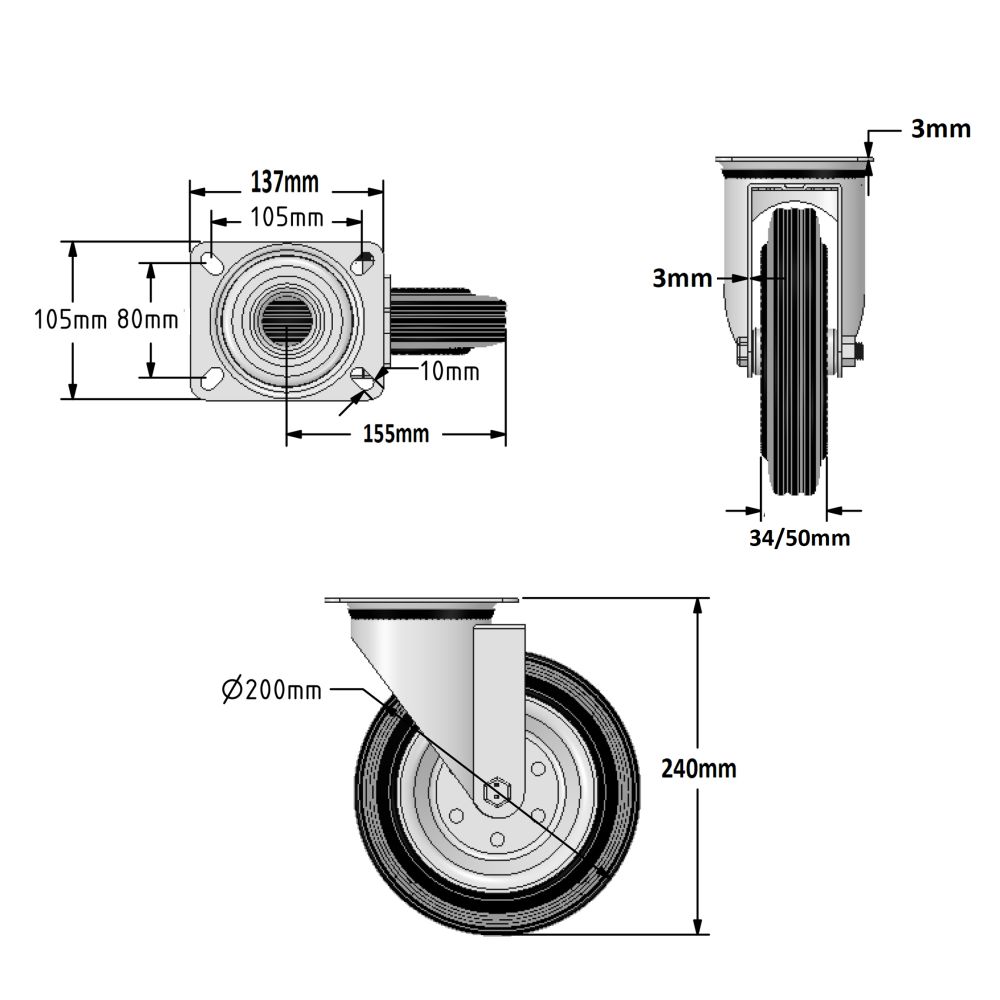 200mm Wheel Diameter (Steel Centre)