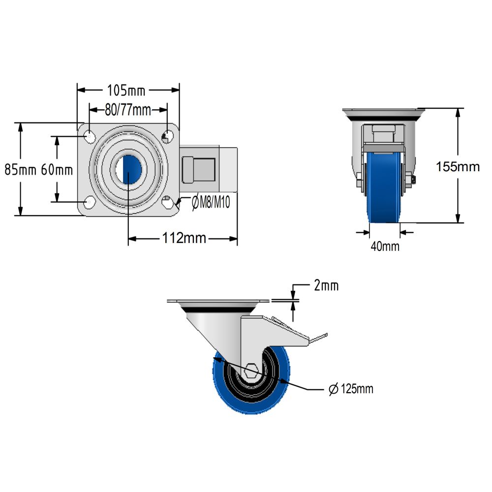 125mm Stainless Steel Swivel & Braked Castors with Non-Marking Blue Elastic Rubber/Nylon Wheel Set of 4 (750Kg per Set)