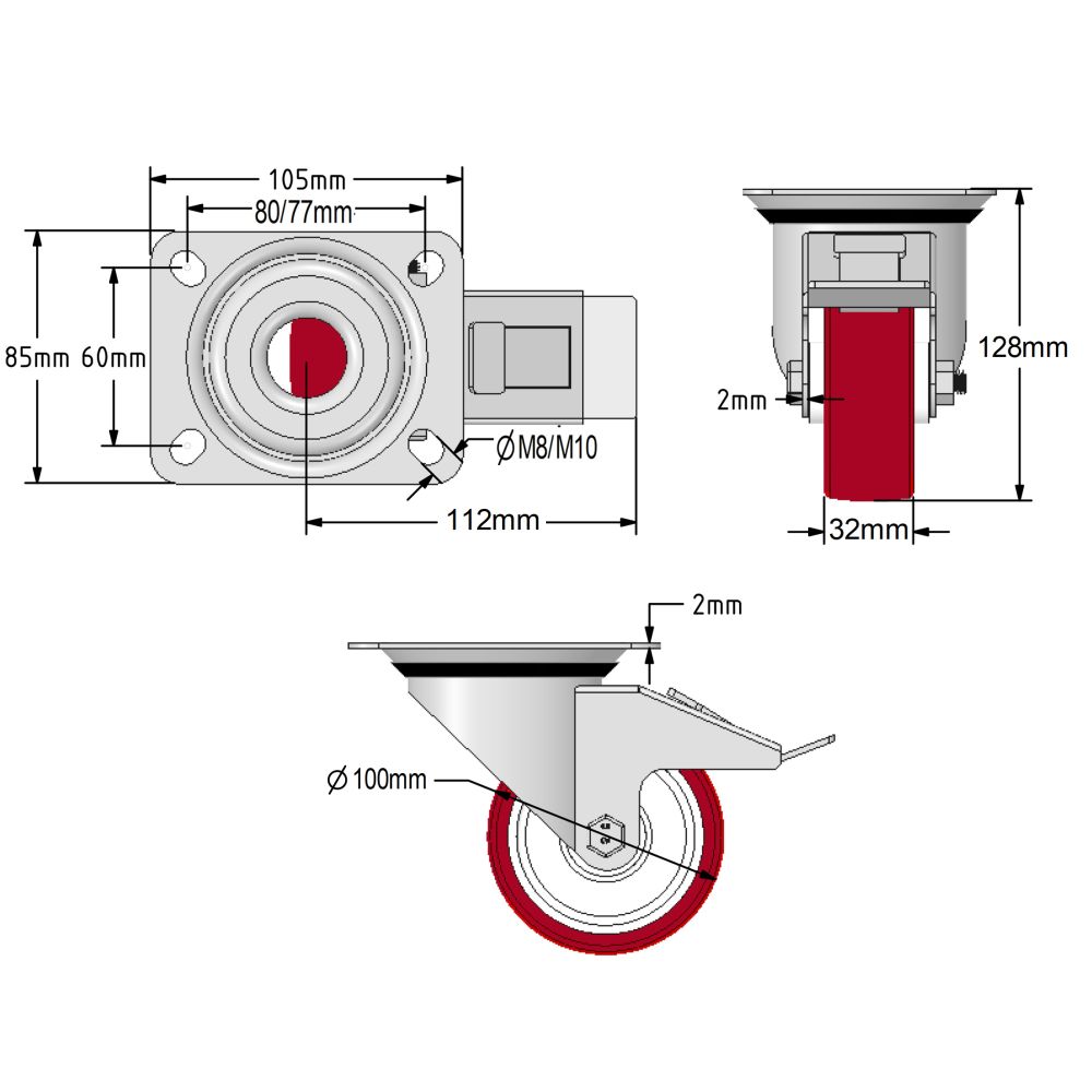 100mm Stainless Steel Swivel & Braked Castors with Non-Marking Maroon Polyurethane/Nylon Wheel Set of 4 (450Kg per Set)