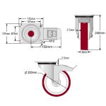 200mm Stainless Steel Swivel & Braked Castors with Non-Marking Maroon Polyurethane/Nylon Wheel Set of 4 (1200Kg per Set)